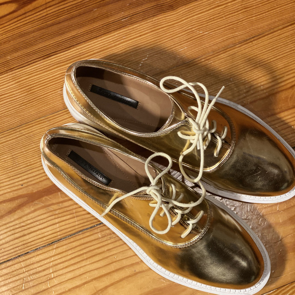 Zara Trafaluc Metallic Gold Oxford Shoes 38 - Picture 3 of 4
